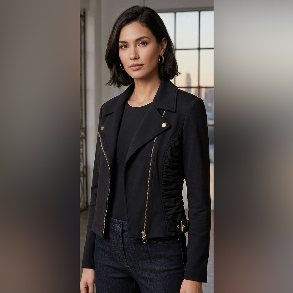 Patrizia Luca Milano Black Moto Jacket with Ruched Side Detail